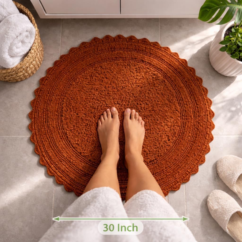 Royal Blaze Autumn Rusty Orange Reversible Cotton Bath Mat Round Crochet Border Bathroom Rug Round 30 Inches
