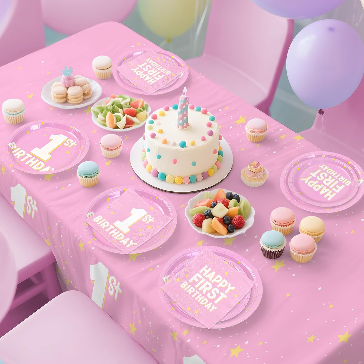 1st Birthday Decorations Girl- Baby Girl Party Supplies Kit for 25 Guests | Includes Plates, Napkins, Cups, Banner & Tablecloth | First Birthday Decorations for Girl - Image 3