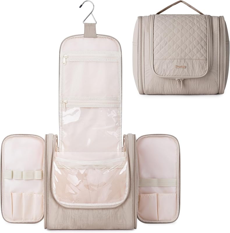 Neceser colgante para mujer, bolsa de maquillaje de viaje acolchada | Bolsa de baño de viaje para artículos de tocador de tamaño completo, cuidado de la piel, separación en seco y húmedo, múltiples compartimentos, regalos, gran capacidad