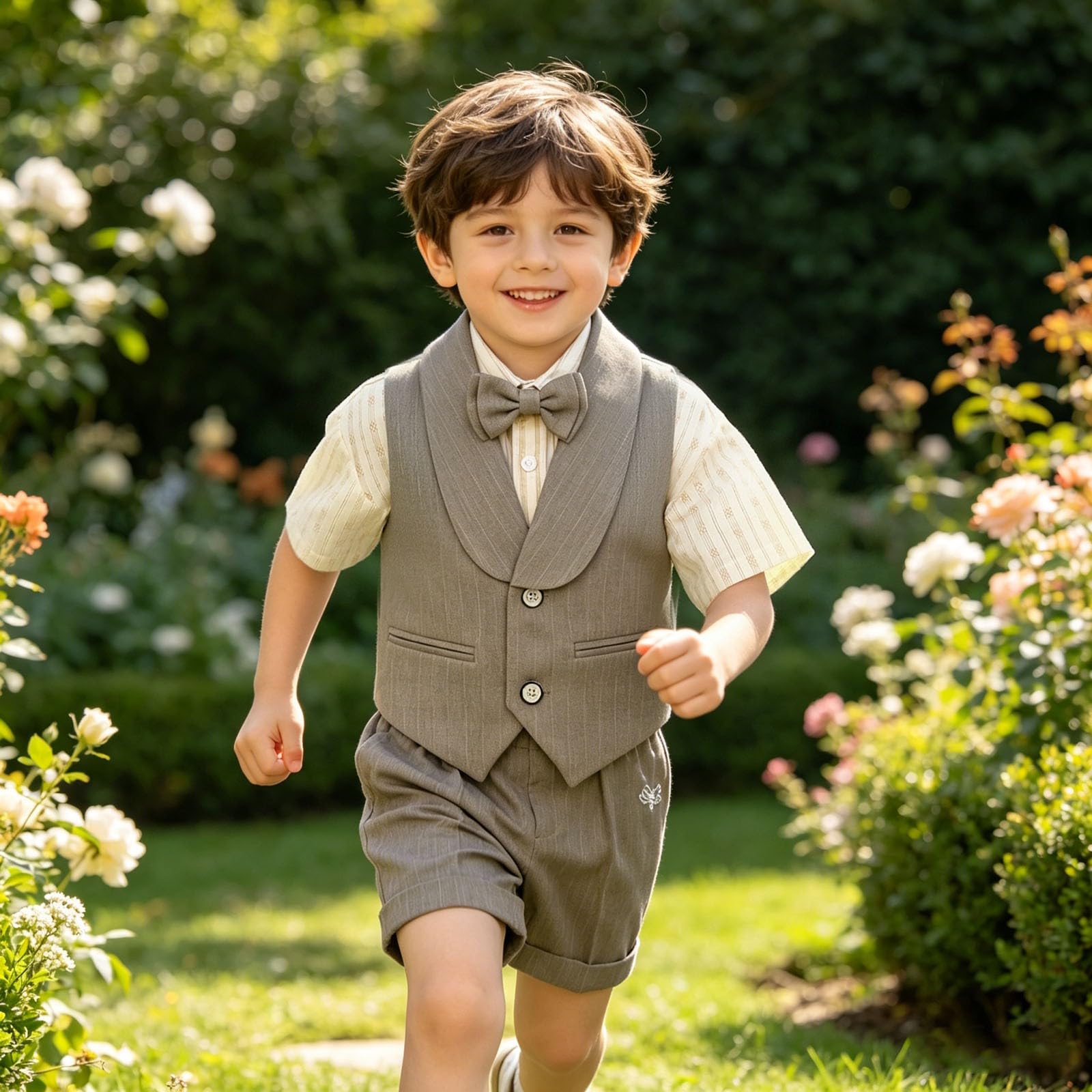 Jungen Anzug 4 Teilig Sommer Kinderanzug Elegant Kurzarm Gestreift Hemd Weste Shorts Fliege Freizeit Fest Geburtstag Party Atmungsaktiv Bequem für Jungen Kleinkinder
