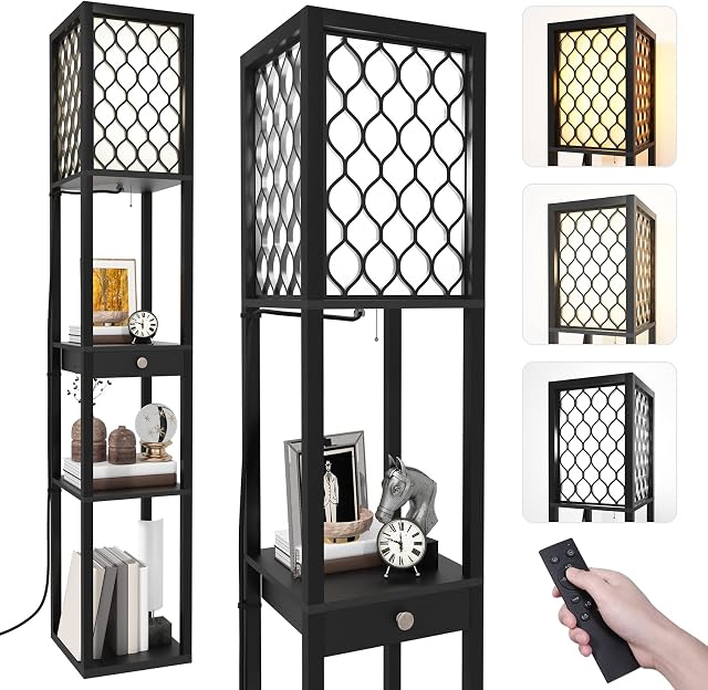 Jehiatek Floor Lamp with Shelves, E27 LED Bulb Tall Standing Light with Remote, Modern Reading Lamp with a Drawer Storage, for Bedroom, Living Room, Office, 160cm, Black