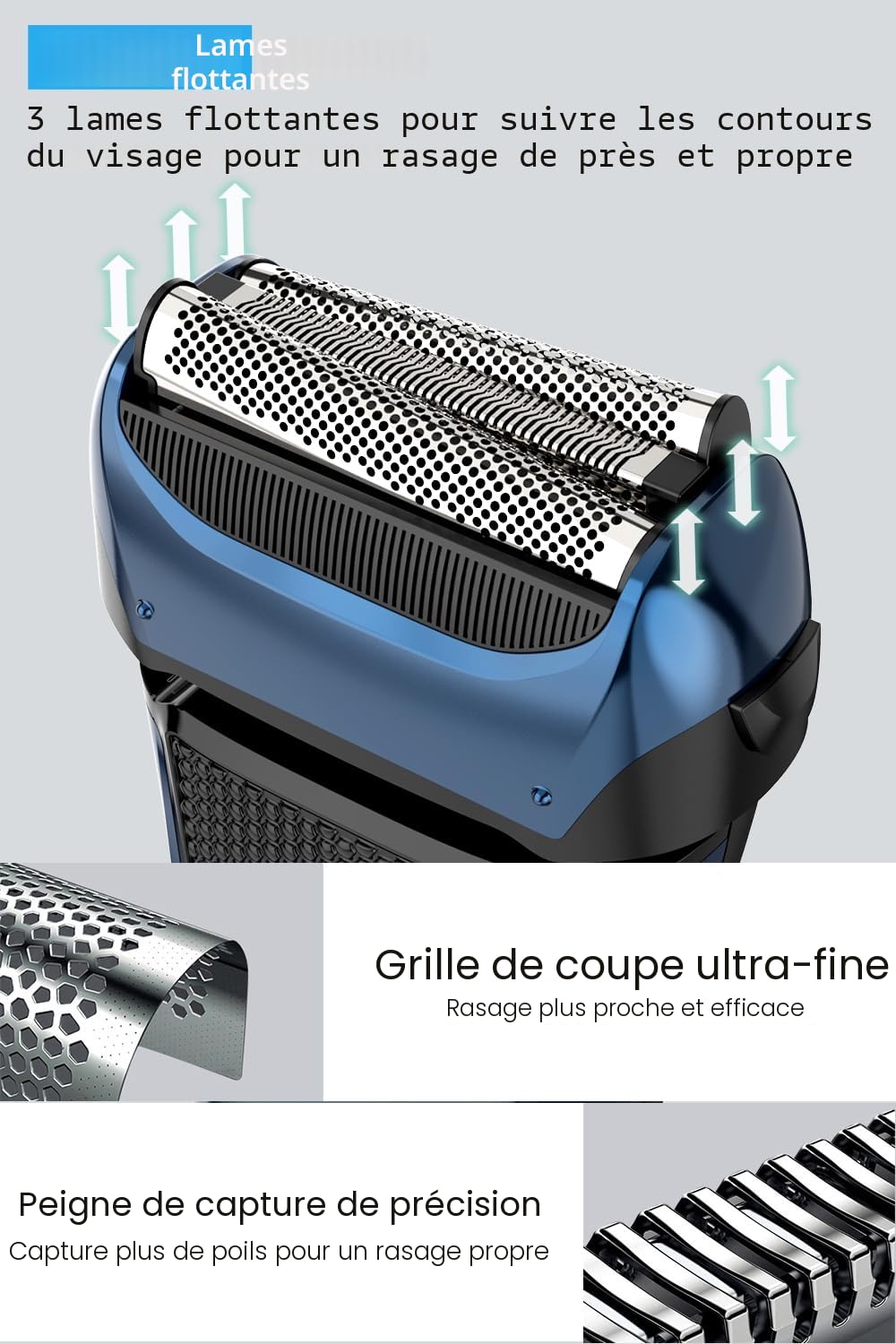Rasoir Électrique homme avec 3 lames flexibles et étui de voyage, Rasoir Électrique Barbe avec tondeuse de précision, rasoir humide/sec, autonomie de 120 minutes, rechargeable, cadeaux pour hommes