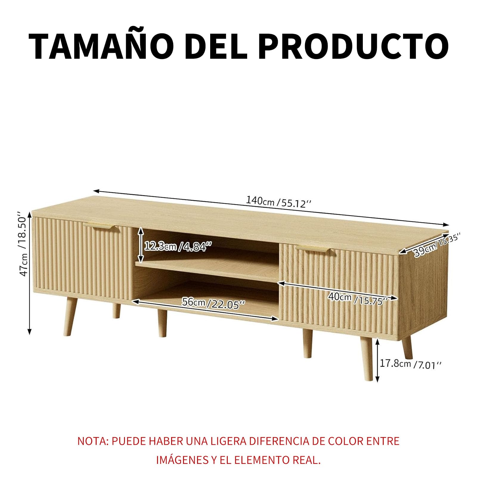 YLGJ&TIDY 140 CM Mueble de TV, Estilo Mid-Century Moderno Mesa de TV, 2 Almacenamiento Abierto & 2 Gabinetes Mueble Salon TV, Compatible con TV 55/60/65 Pulgadas, Madera Natural