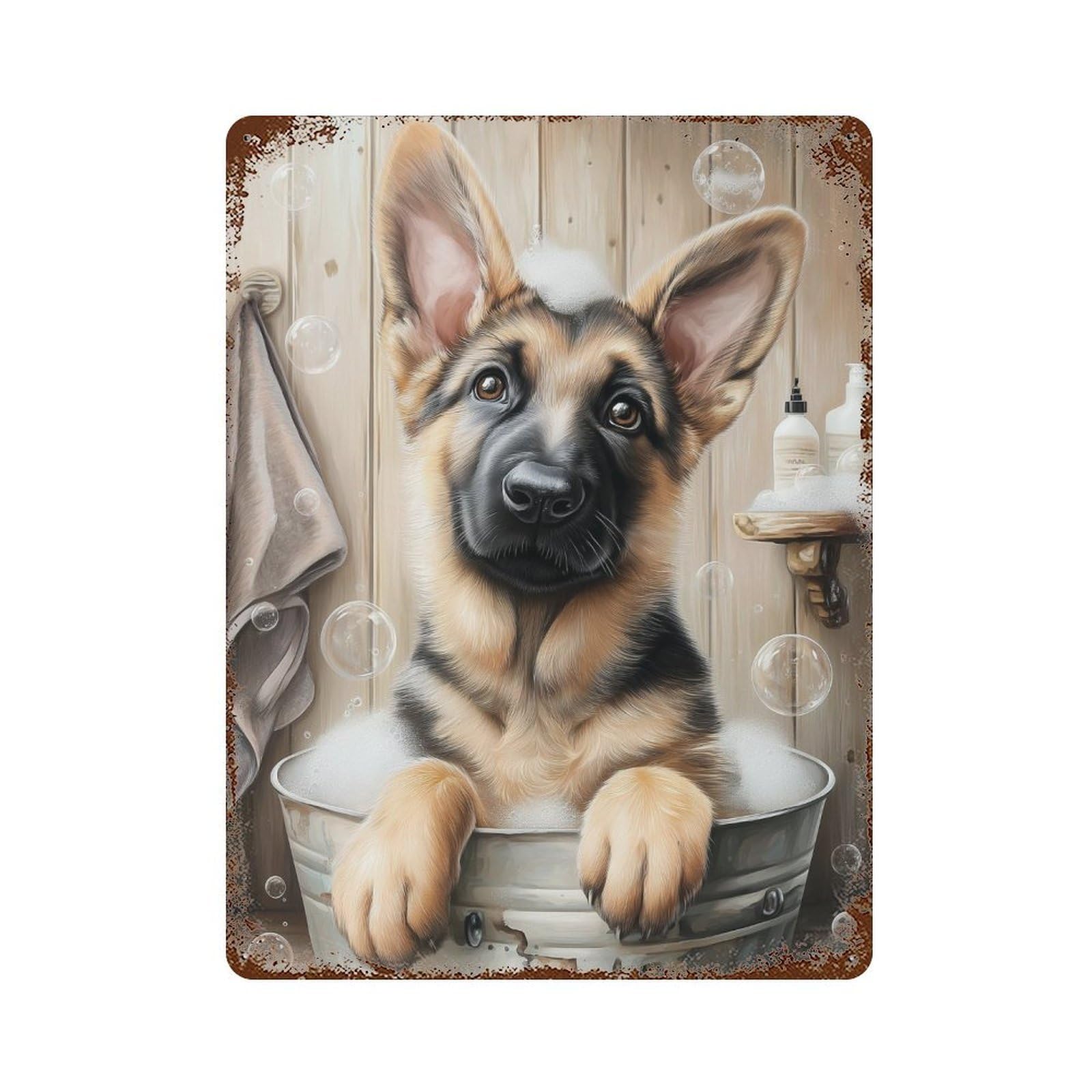 German Shepherd Puppy Bath Time Rust Effect Tin Sign 15.7"x11.8", Vintage Wall Decor for Garage, Pub Or Kitchen