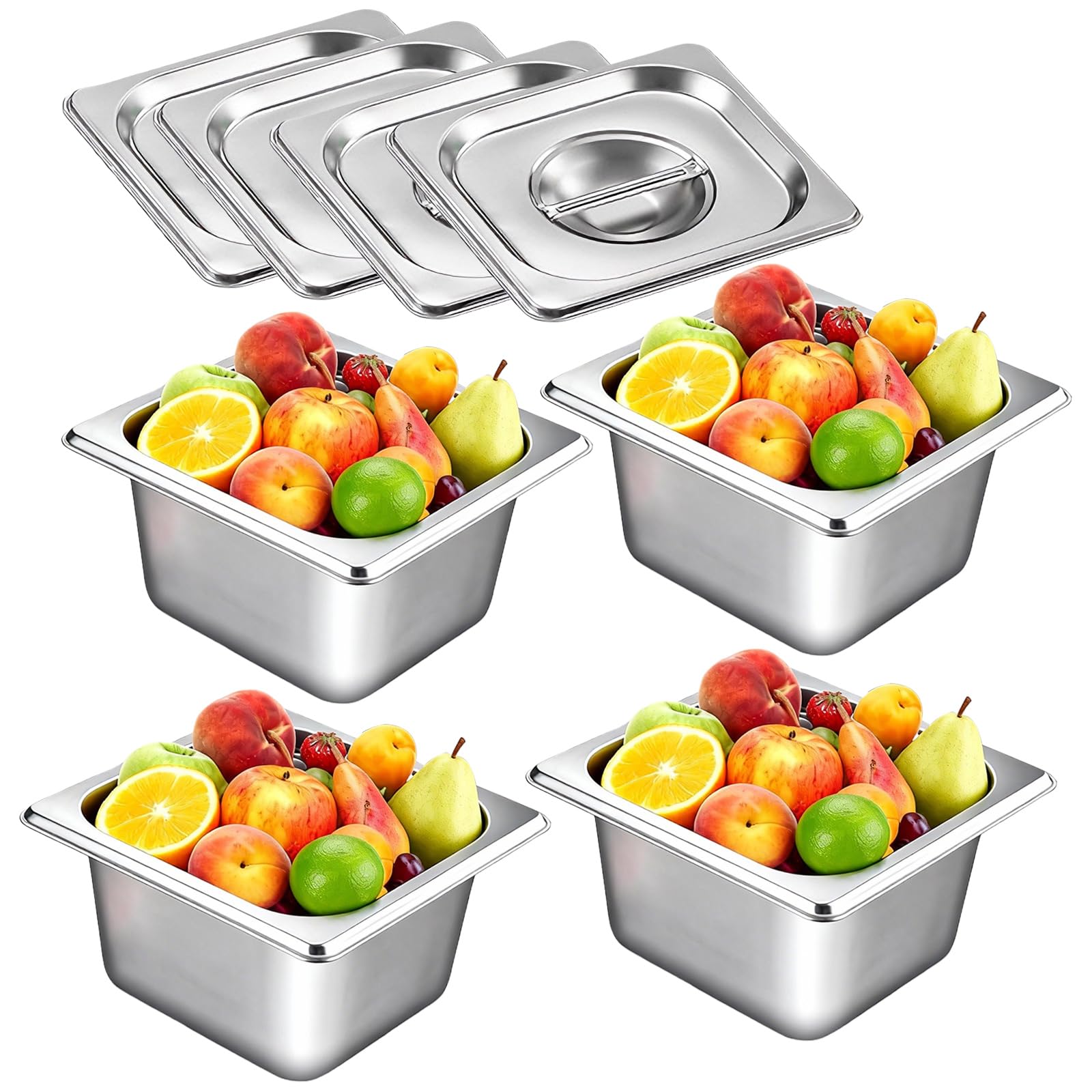 PRITOK Stainless Steel Gastronorm Pan 1/6: 4 Pack Square Stainless Steel Food Containers with Lids, Durable Stackable Gastronorm Pan 1/6 for Buffet, Restaurant, Home Use (17.5ร16.5ร10cm/Silver/1.5L)