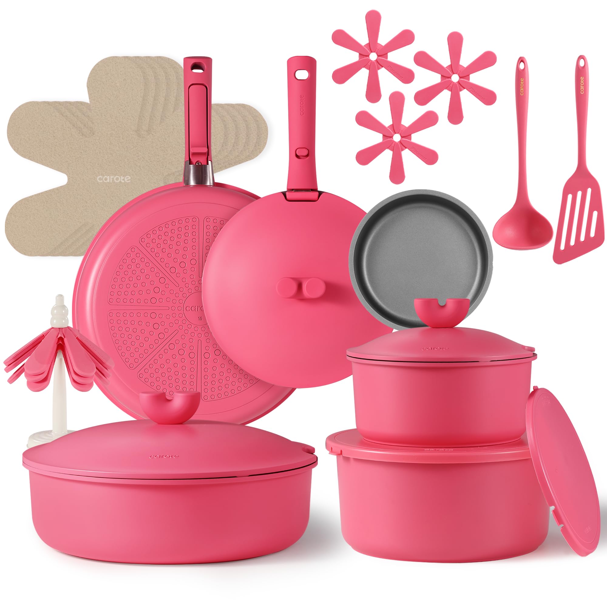 CAROTE 24pcs Pots and Pans Set Non Stick, Nonstick Cookware Set, Oven/Dishwasher/Fridge Safe Pots and Pans, RV Safe Cookware, Induction Kitchen Gift Set Detachable Handle, Pink