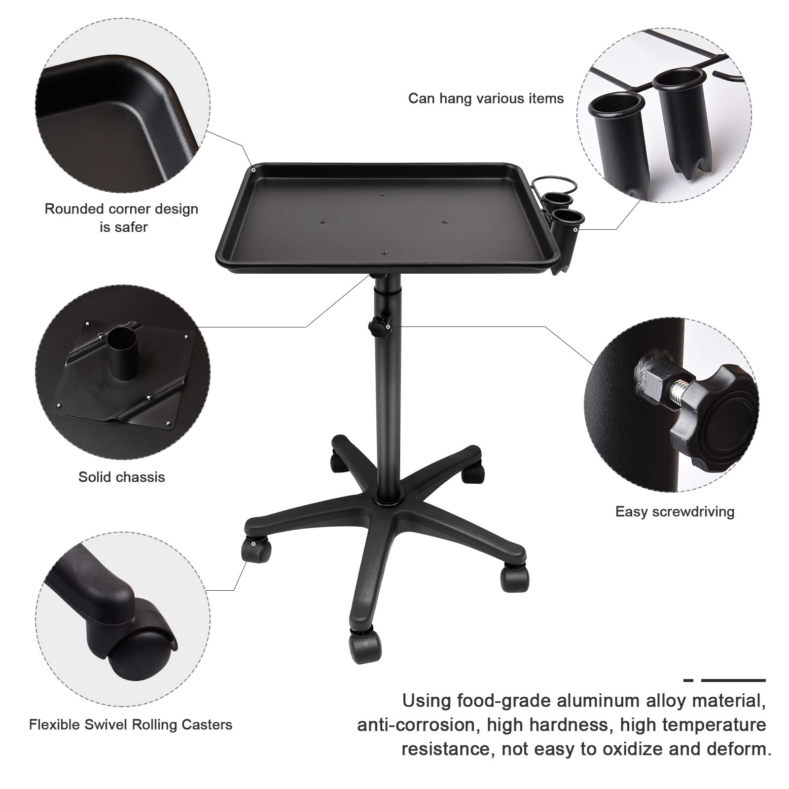 Kalolary Salon Trolleys Barber Trolley Verstellbare Höhe, Aluminiumwagen Beauty Trolley mit Scrollrad, Professioneller Schönheitssalon Tray Cart Tool Holder (Schwarz)