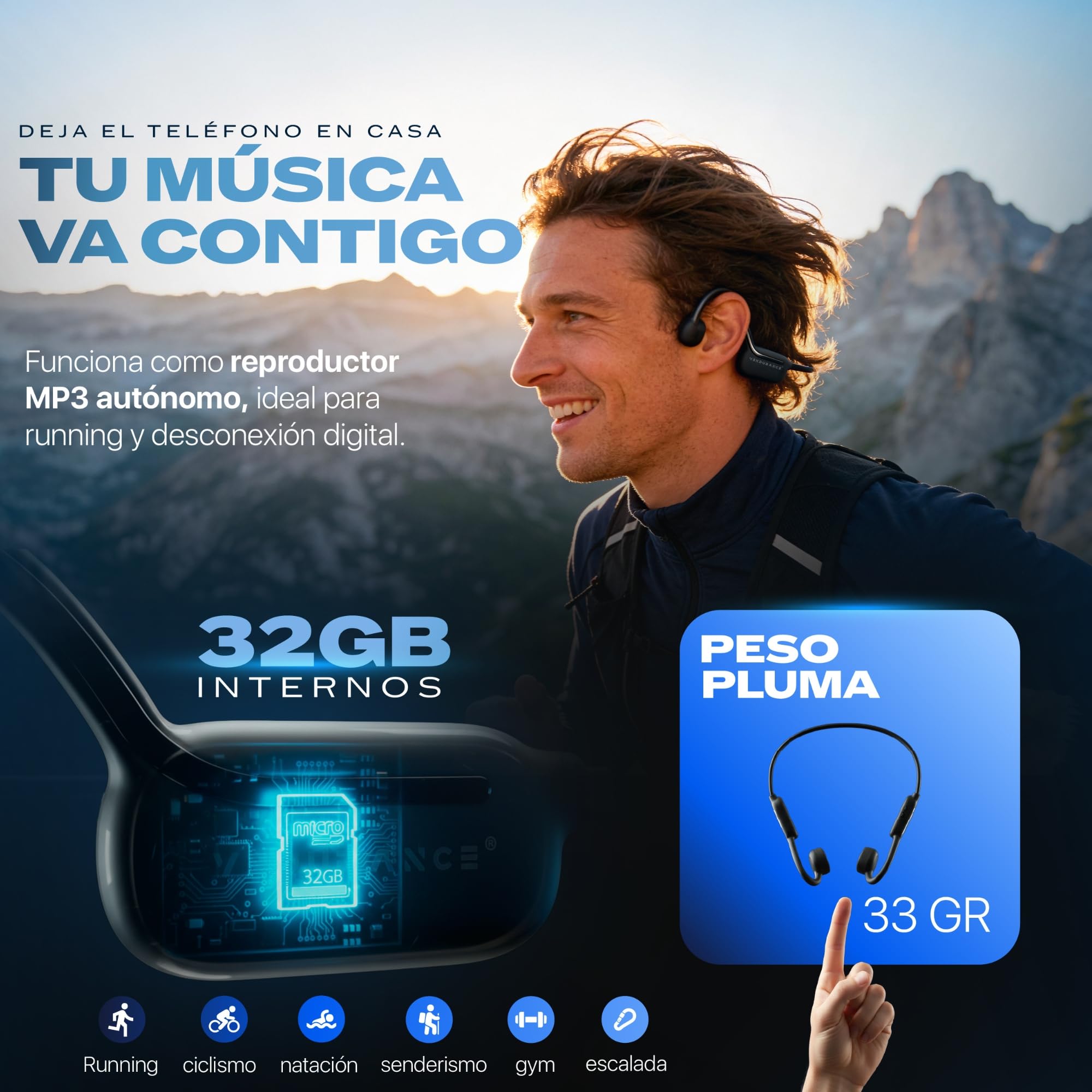 Auriculares transmisión ósea 3 Modos: MÚSICA/TELÉFONO/NATACIÓN, Auriculares mp3 Incorporado, Auricular oseo, Cascos oseos, Cascos conduccion osea, mp3 acuaticos para Natacion