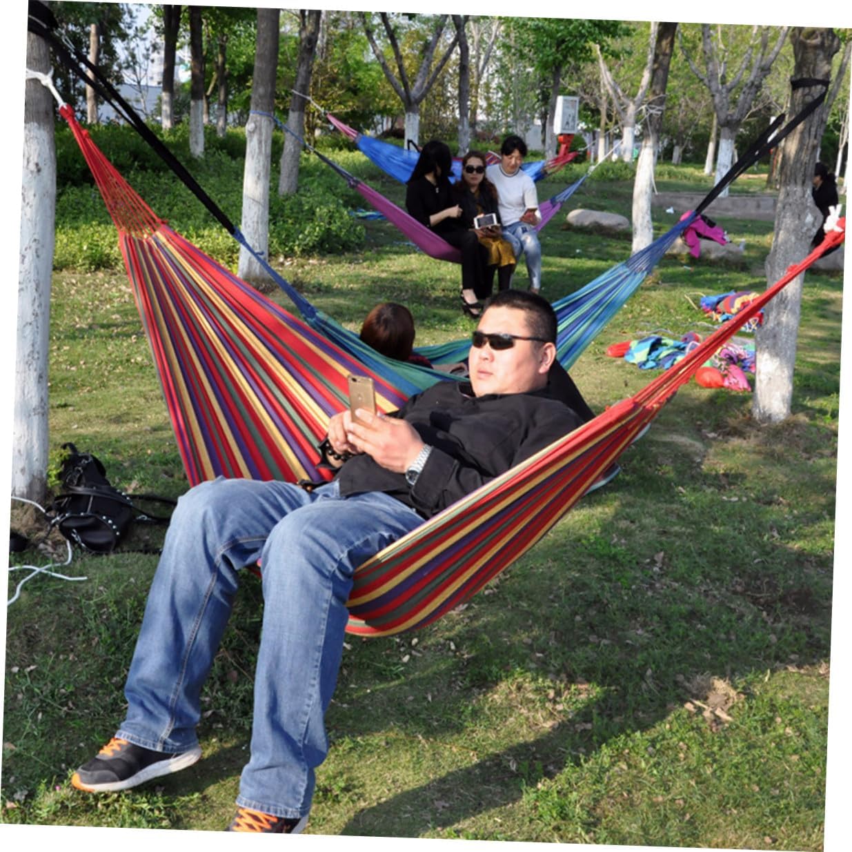 Angoily Double Thickened Canvas Outdoor Hammock Swing Chair with Two Binding Ropes and Carry Bag Red Hanging Sleeping Bed for Camping Traveling Backpacking