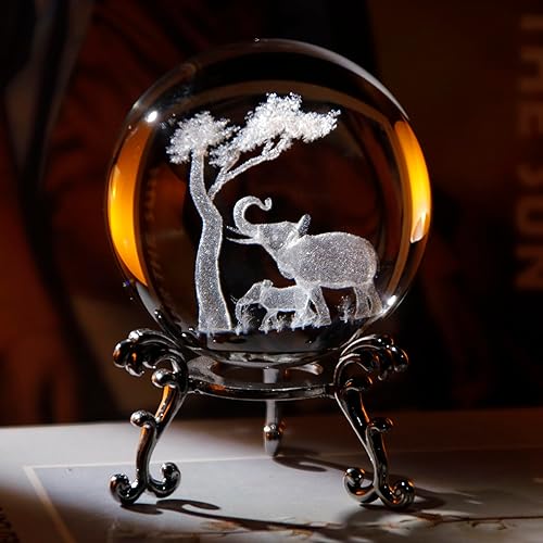 Figuras de elefante de cristal láser 3D de 2.36 pulgadas para padres e hijos, pisapapeles de bola de cristal con base de soporte, regalo de animales