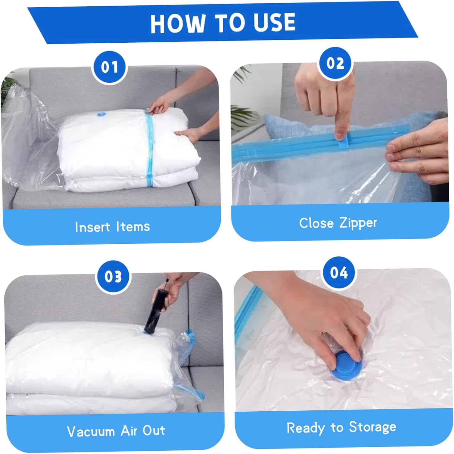 Vacuum Storage Bags with Pump, Space Saver Bags for Clothing and Blankets, Vacuum Seal for Travel and Home Organization, 12Pcs