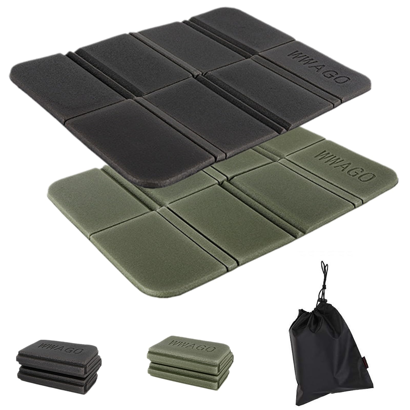 2 Pezzi Tappetino Pieghevole Campeggio, Cuscino Stadio, Cuscino da Stadio Sedile in Schiuma XPE Impermeabile, Cuscino da Esterno Pieghevole per Picnic, Spiaggia, Viaggi, Nero + verde militare