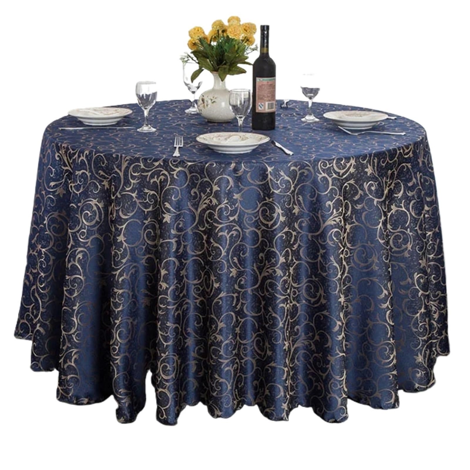 SHENJMAI Round Skirt Tablecloth Circular Hotel Tablecloth Golden Flowers for Wedding Party Decoration Table Skirt Set Restaurant Multipurpose(Dark blue,Diameter 300cm 1pcs)