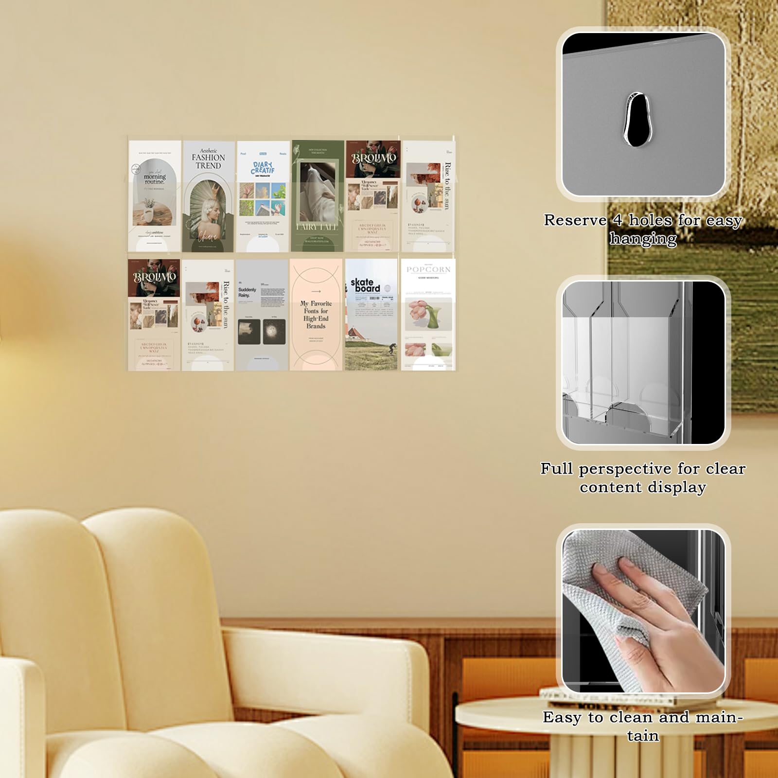 Soporte de pared acrílico para folletos, 12 soportes para folletos, soporte transparente para folletos