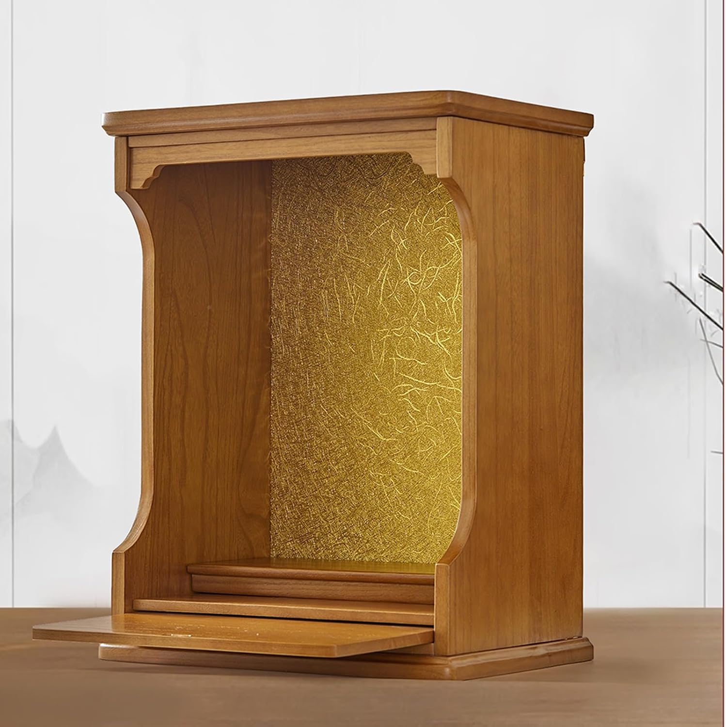 Wall mounted/desktop solid wood shrine buddhist altar God Of Wealth Cabinet Guanyin Cabinet Household Wall Hanging Shrine Altar Table, with Drawer(Wood color,35*29.5*47cm/13.7*11.6*18.5in)