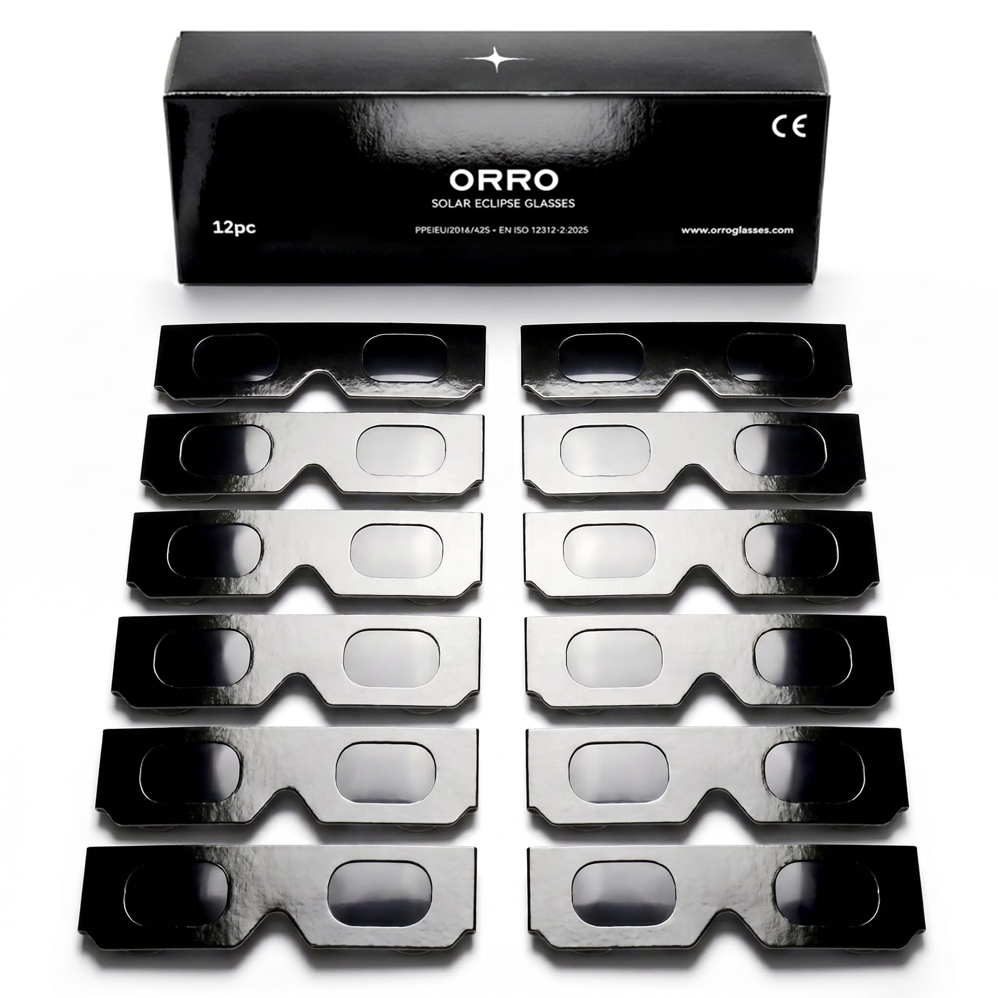 ORRO Sonnenfinsternis-Brillen 40 mm, 2er-/6er-/12er-Pack, Schwarz, Zertifizierter Augenschutz, EN ISO 12312-2:2015 geprüft, CE-gekennzeichnet für direkte Sonnenbeobachtung – Moderne Passform