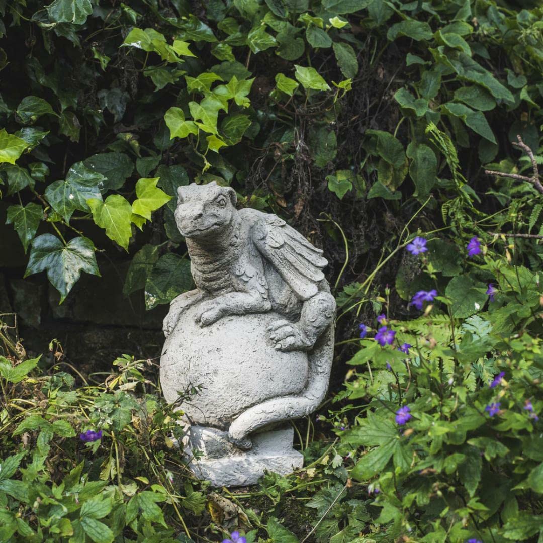 Discount Garden Statues Grey Dragon On Ball Stone Cast Garden Statue Perfect For Gate Posts And Entrance Ways 40Cm Tall By Dgs