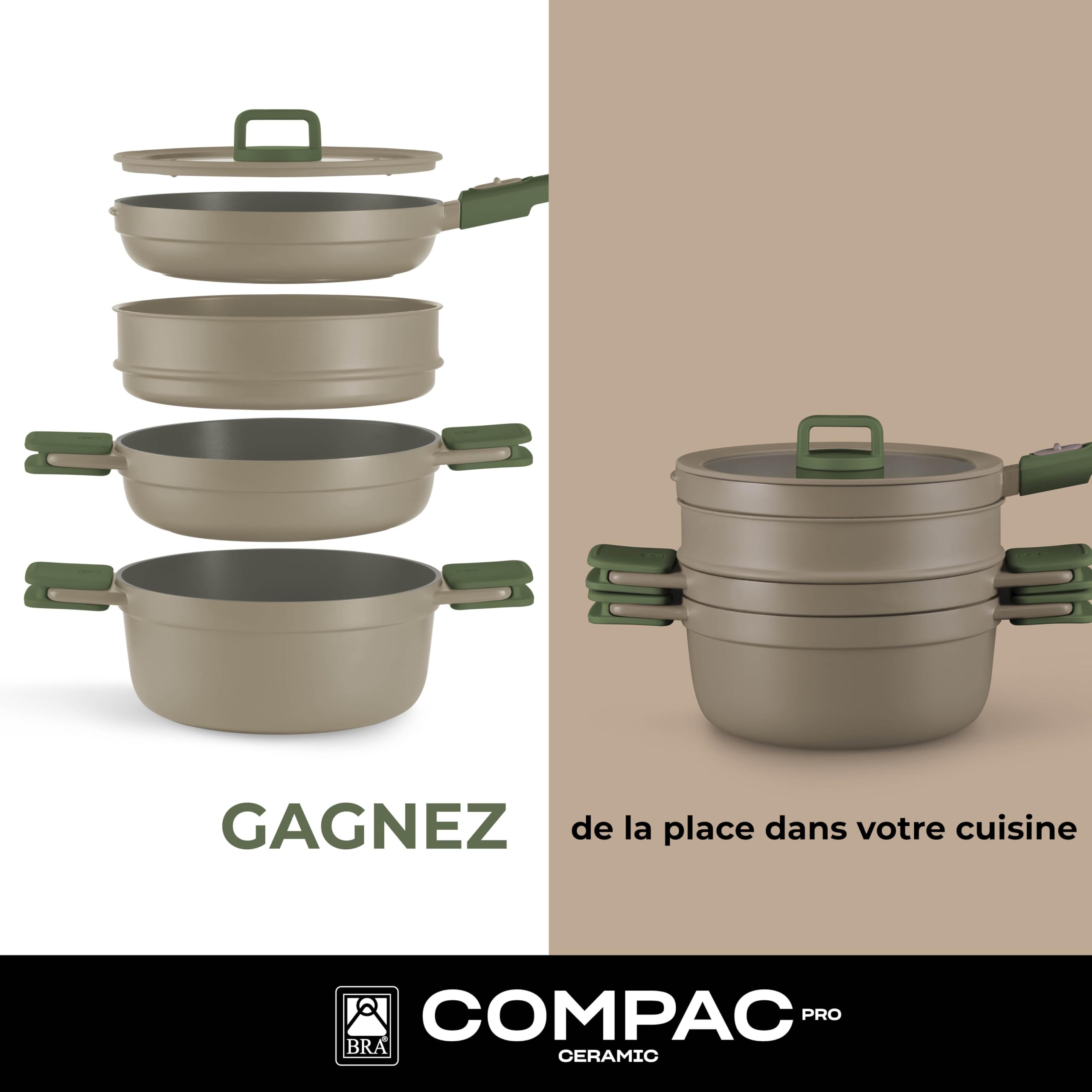 BRA Compac Pro Ceramic | Batterie de cuisine empilable 5 pièces | Tous Feux Dont Induction, Revêtement Antiadhésif Céramique