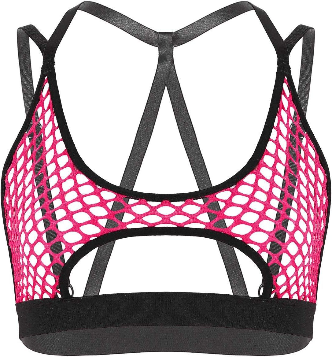 Women Sheer Mesh Fishnet Hollow Out Halter Bra Top Crisscross Back Crop Tops Bustier