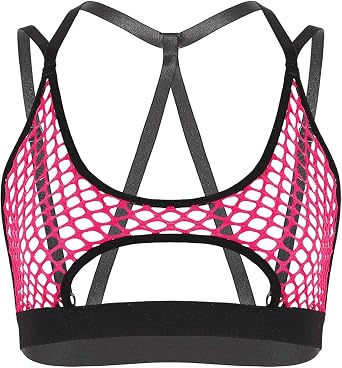 Women Sheer Mesh Fishnet Hollow Out Halter Bra Top Crisscross Back Crop Tops Bustier