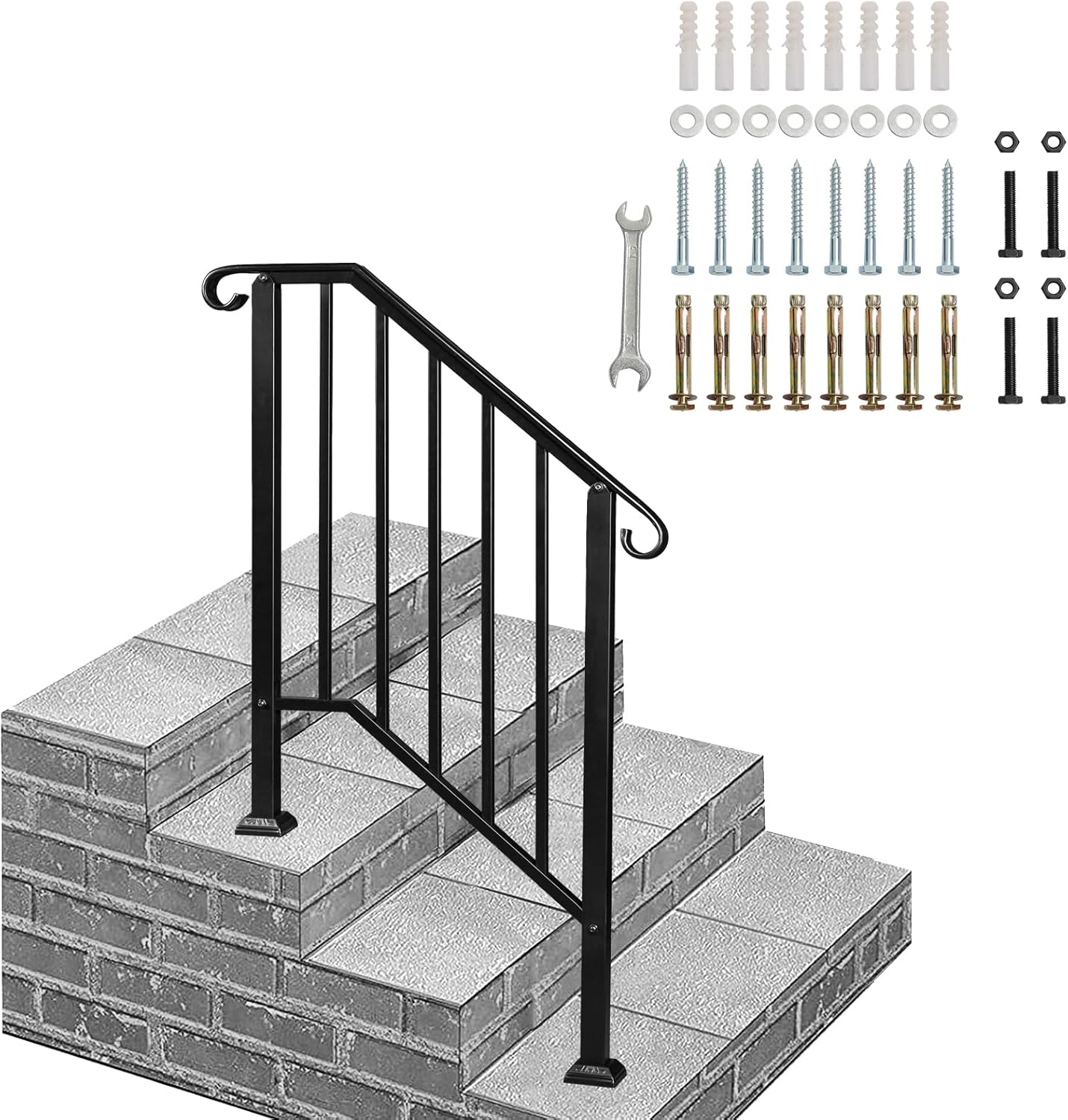 VINGLI Handrails for Outdoor Steps, Stair Handrail Fits 2 to 3 Steps, Wrought Iron Hand Rail Stair Railing Kit for Concrete Steps, Porch Steps or Wooden Steps