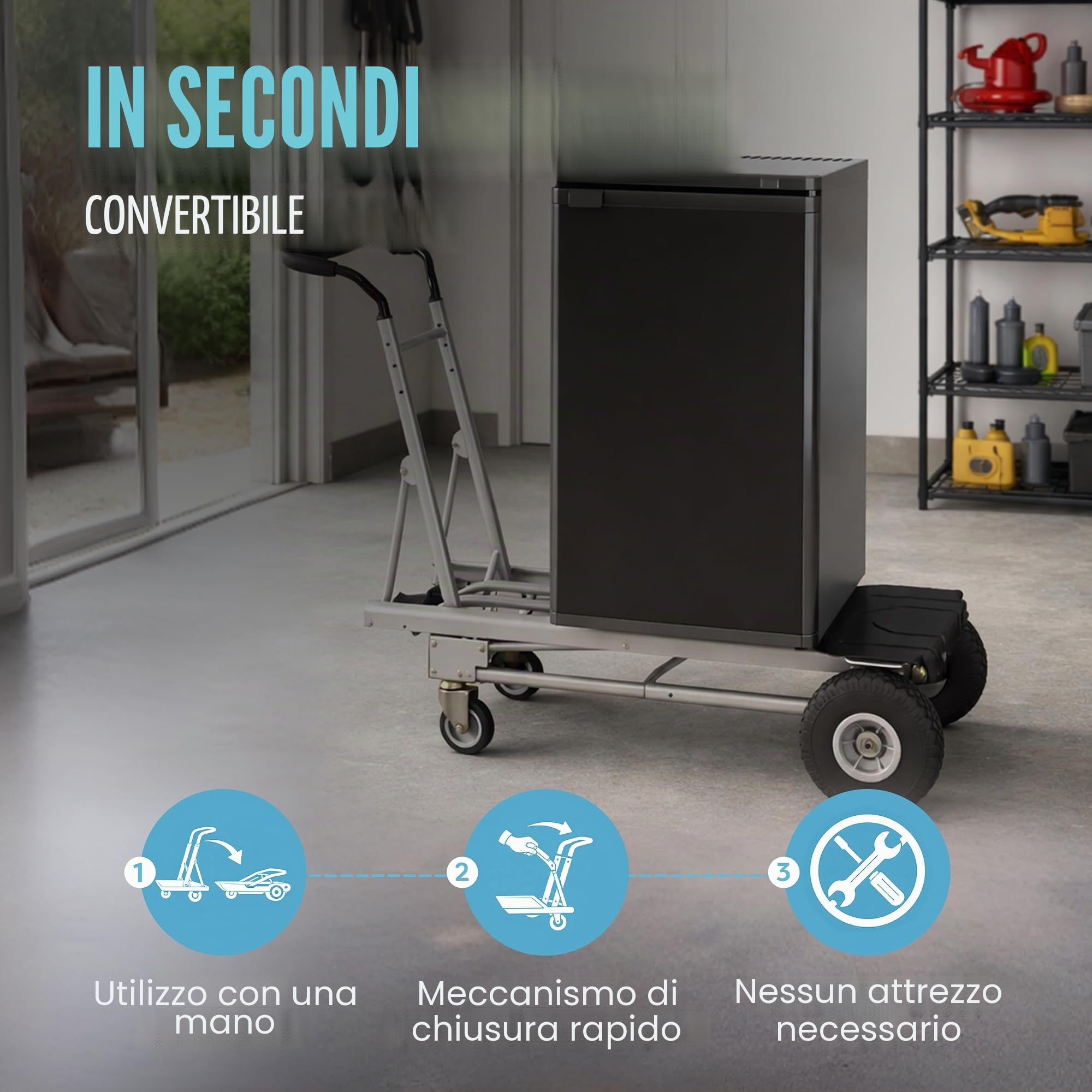 Carrello Jumbo 3 in 1, in alluminio, portata fino a 450 kg, ruote grandi, manico ergonomico, trasportabile, carriola a mano, Cosco, multifunzione,