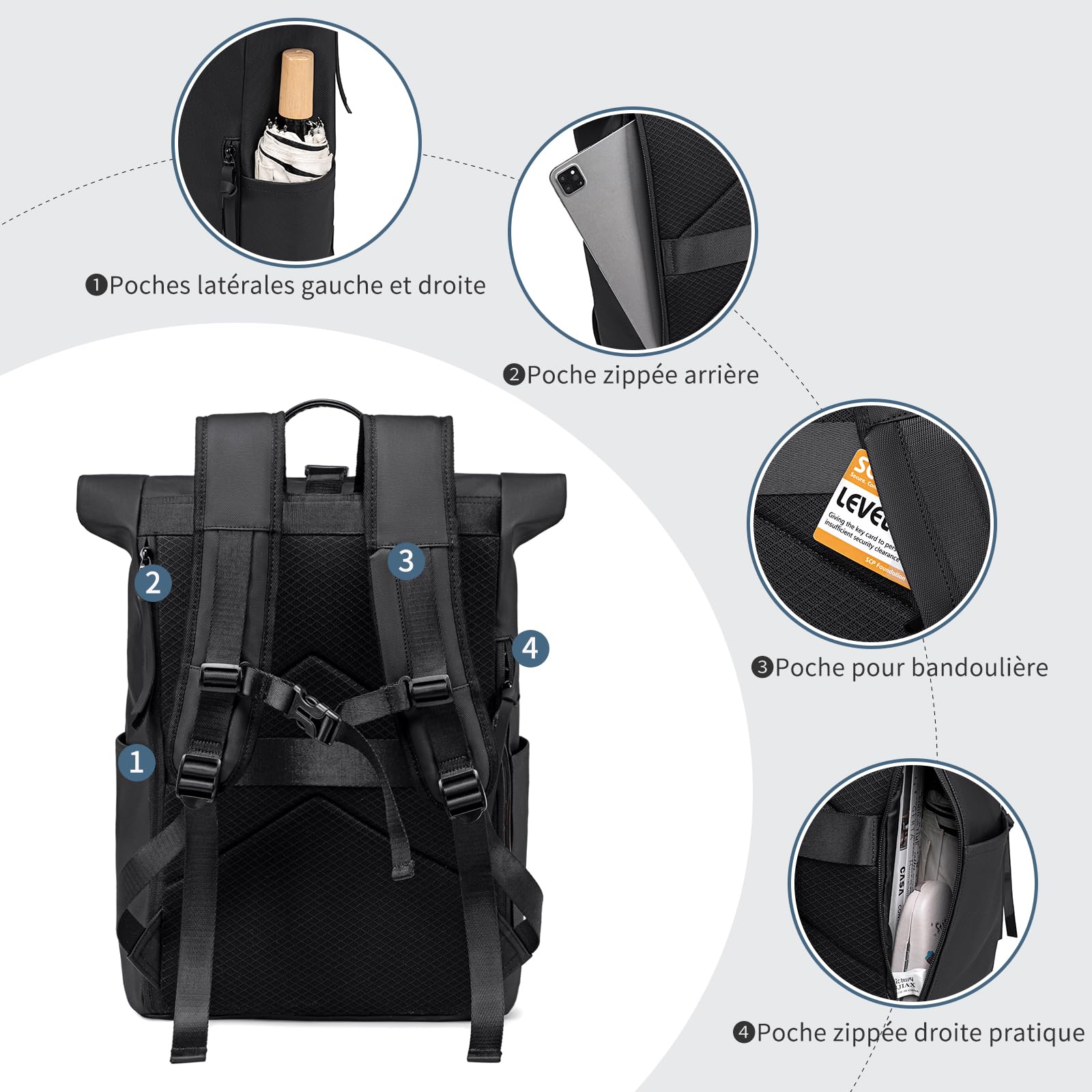 Sac à Dos Roll top Femme Ordinateur Noir Grand Sac a Dos Homme et Femme Travail Extensible Sac a Dos PC Ordinateur Portable Bagage à main 17.3 Pouces pour Randonnée Voyage Cyclisme Universit