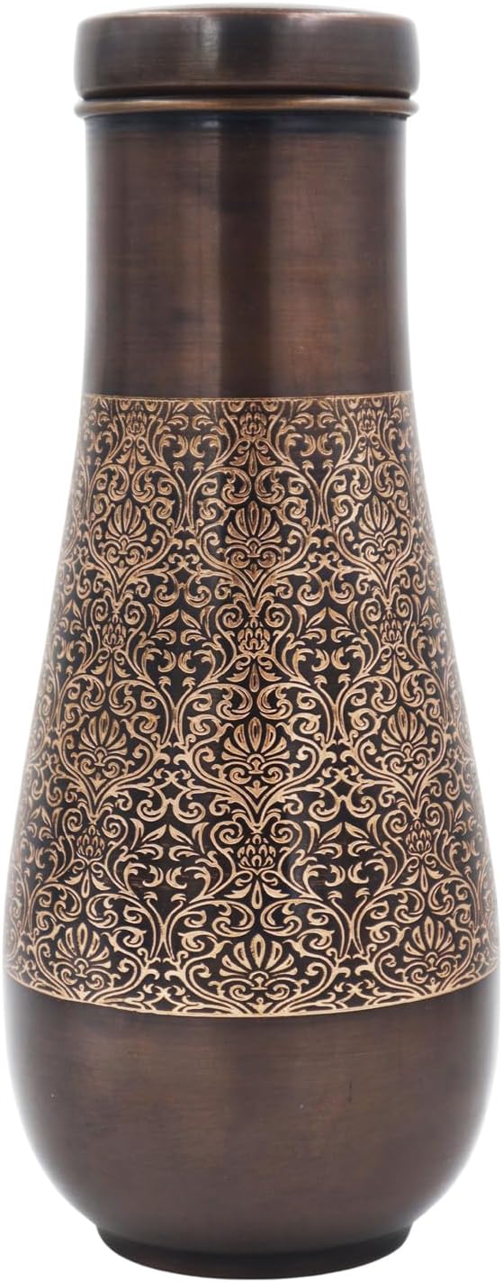 Copper Carafe, 1.8 Liter Capacity, Made of Pure Copper for Ayurveda Health Benefits - Long Neck (Etching)