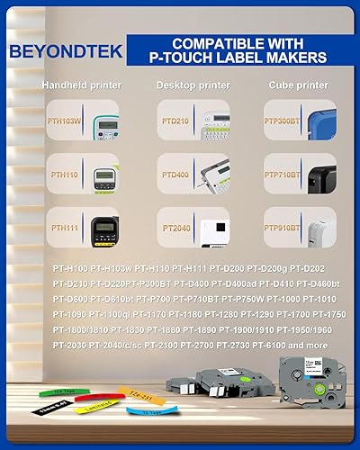 Miniatura 4 de BEYONDTEK Trabajo para PT-H110 PT-D200 PT-D210 PT-D220 Compatible con Brother Label Maker Tape 0.472 in 0.47 Laminado Coloreado para Brother P Touch