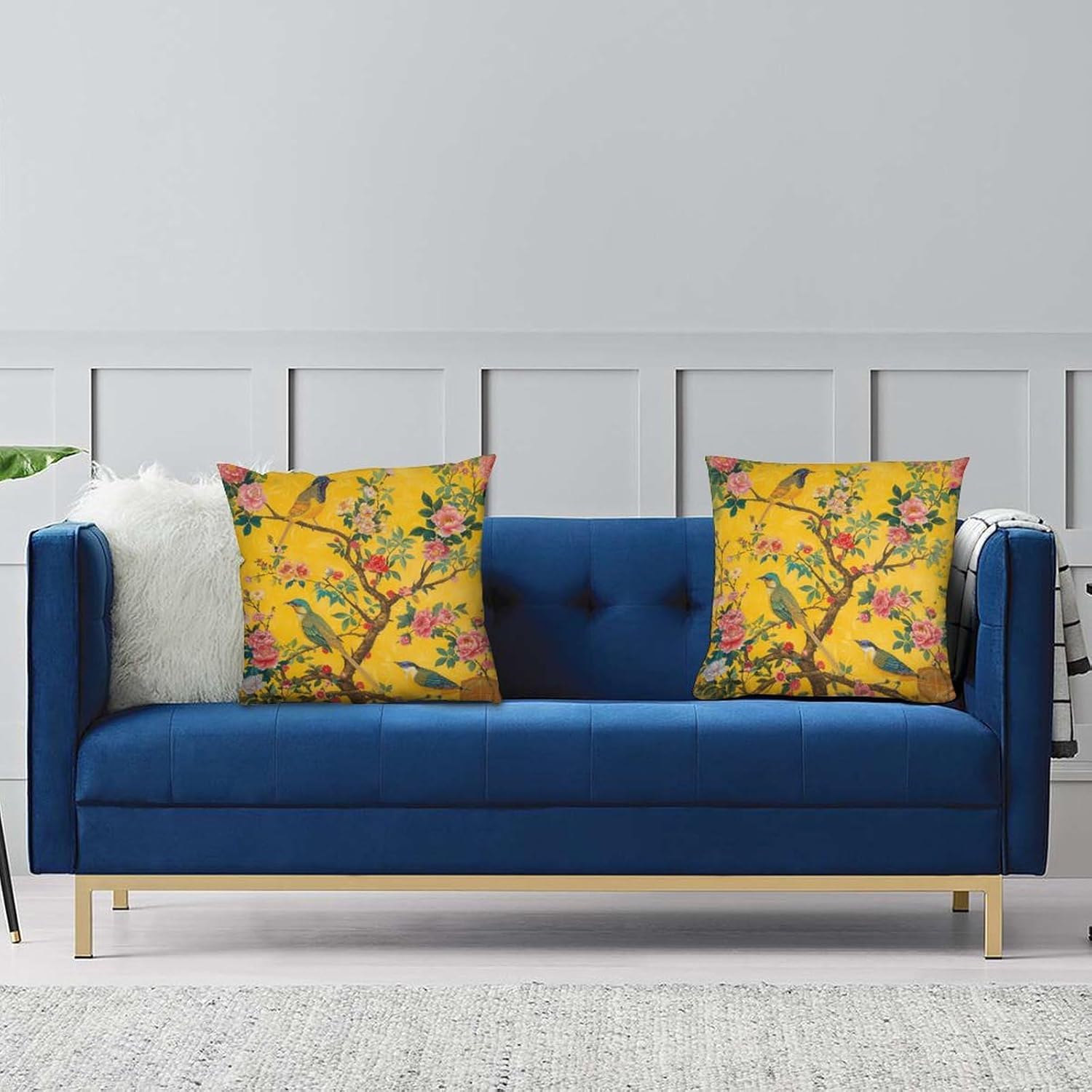 2 Packs Nature Floral Tree Throw Pillow Covers for Living Room, Colorful Bird Flower Chinese Painting Pillow Covers Cushion Case for Couch Sofa Bed, 20x20 inch