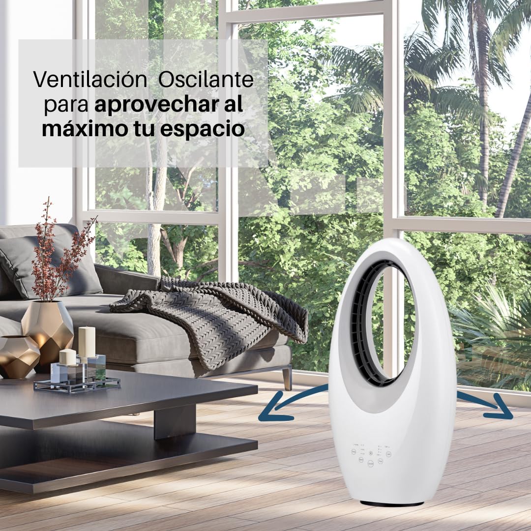 Max Star Ventilador sin Aspas con Mando a Distancia 3 Velocidades Purificador de Aire Oscilante Temporizador Luces LED Silencioso y Potente Hogar Oficina Dormitorio