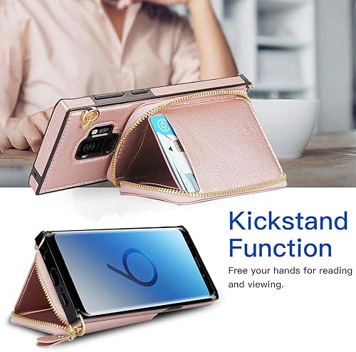 Miniatura 5 de Asuwish Funda de teléfono para Samsung Galaxy S9 con protector de pantalla de vidrio templado y soporte para tarjetas con cremallera, soporte de