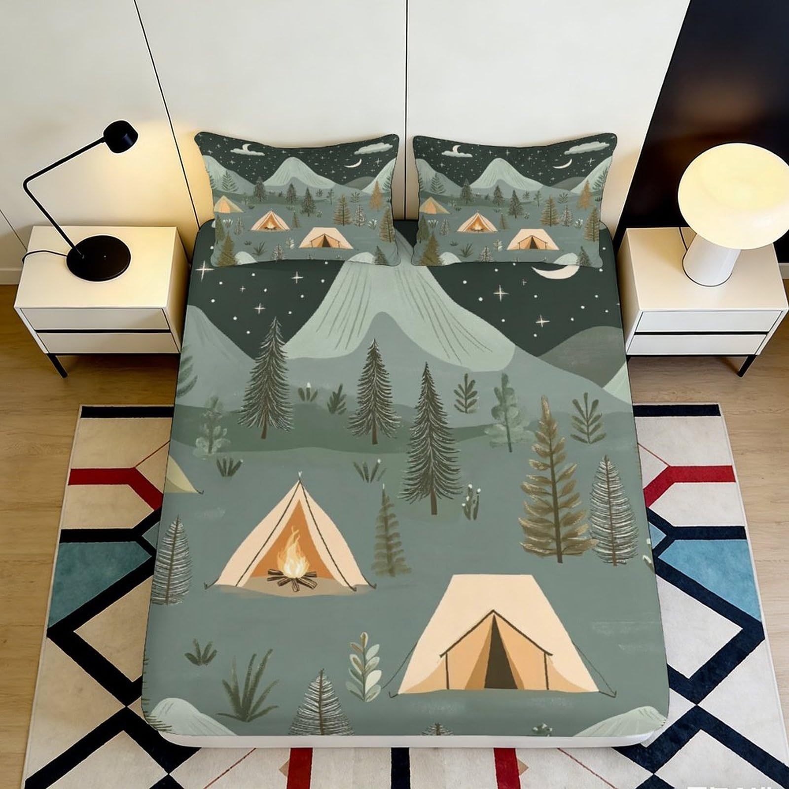 3D Printed Mountain Camping Fitted Sheet Microfiber Soft Durable Night Sky Bed Cover for Bedroom Dormitory Guest Room Mattress Protection 120x200x25cm