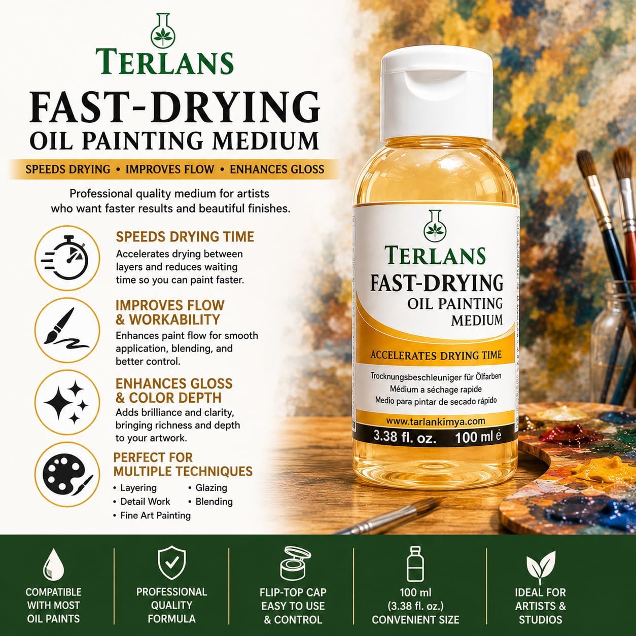 TERLANS Fast Drying Oil Painting Medium, 100 ml (3.38 fl. oz.) | Flip-Top Cap | Speeds Drying, Improves Flow & Gloss for Oil Paints | Artist Oil Painting Supplies