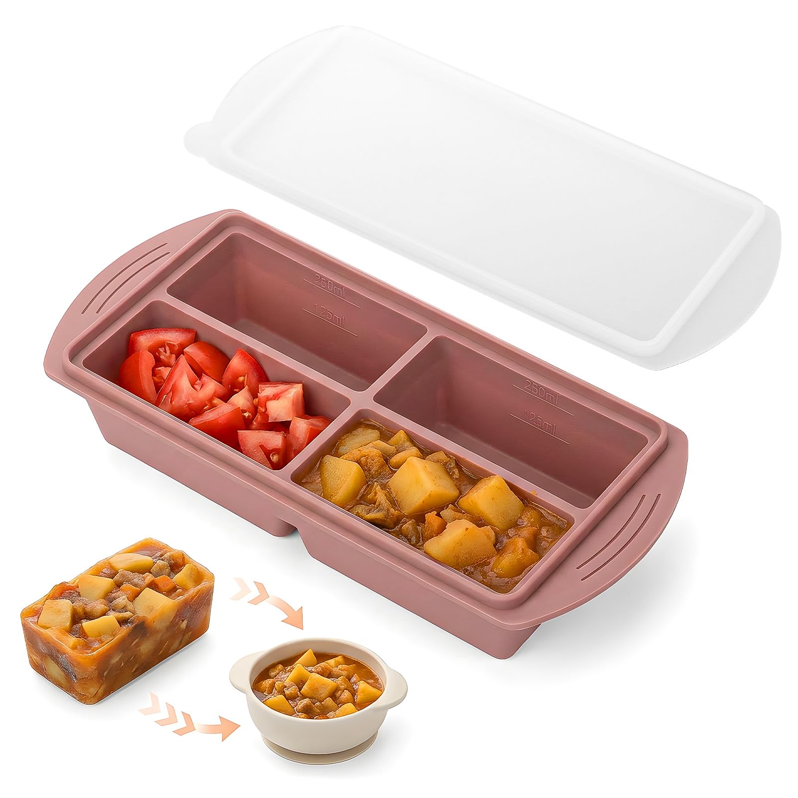 AiQInu Puree Food Broth Mould, Silicone Freezer Tray with 4 Compartments and Airtight Lid, BPA Free, Ideal for Freezing Broths, Soups, Purees, Sauces and More