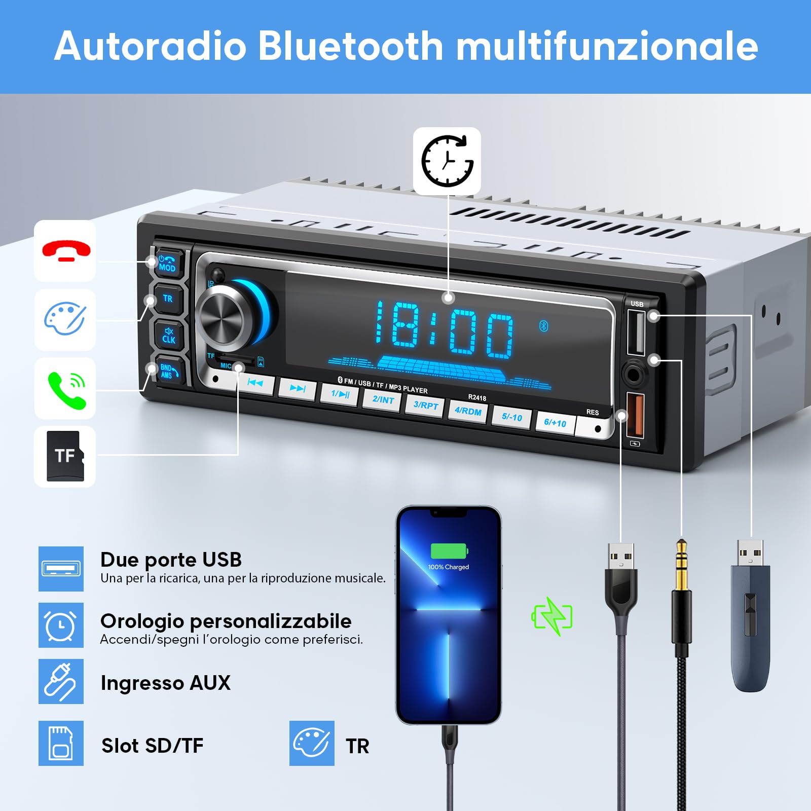 RDS Autoradio Bluetooth 5.0 Vivavoce, Wistrue Stereo Auto Bluetooth FM/AM Autoradio1 Din per Auto, Supporto Vivavoce 2USB/AUX/SD/TF/iOS Android