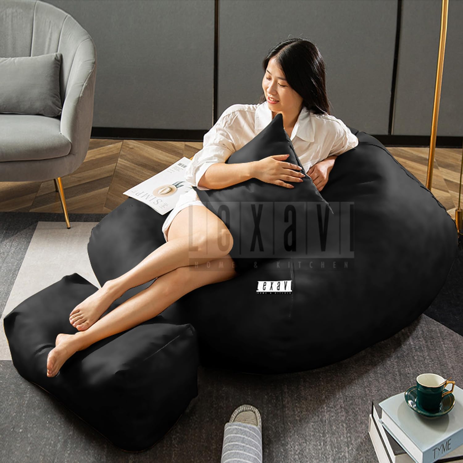 LEXAVI Brand® - 5XL Imported Soft Oxford Leather Bean Bag with Rectangular Extra Comfortable Footrest & Comfy Cushion with Beans Filled I Bean Bag Chair (Ready to Use) Color- (XXXXXL - -Black)