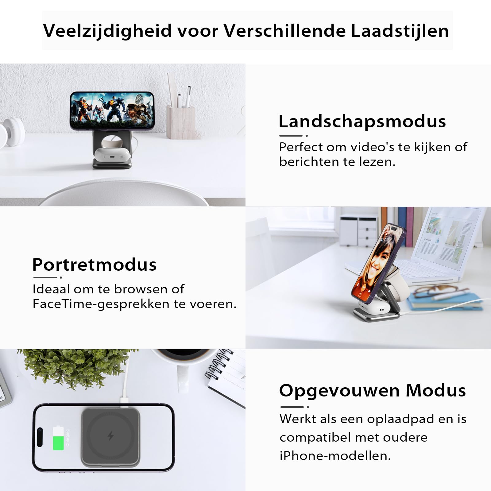 KU XIU X40 3-in-1 Opvouwbaar Magnetisch Draadloos Laadstation, Inductieladers voor iPhone 16/15/14/13/12 Serie, 5W Snelladen voor Apple Watch 9/8/7/6/Ultra 2 en AirPods Pro 4/3/2 - Grijs
