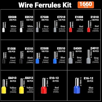 Preciva Ferrule Crimping Tool Kit with Wire Stripper, Quadrilateral Ferrule Crimper for AWG 28-5(0.08-16mm2) Self-Adjustable Ratchet Ferrule Terminals Crimping Tool with 1660Pcs Ferrules Connectors