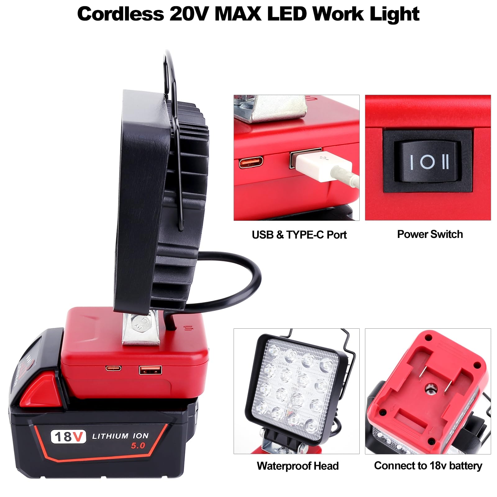 48W LED Cordless Work Light - 4800LM Flashlight With Dual USB & Type-C Ports, Low Voltage Protection, 18V Battery - View #10