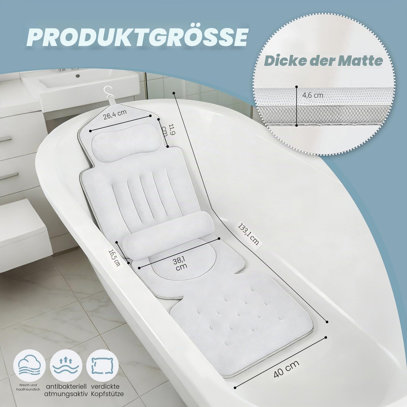 Badewannenkissen mit abnehmbarem Lendenkissen, 144 Saugnäpfen für optimalen Halt, ergonomische Unterstützung für Kopf, Nacken und Rücken für maximale Entspannung (133 x 41 cm)