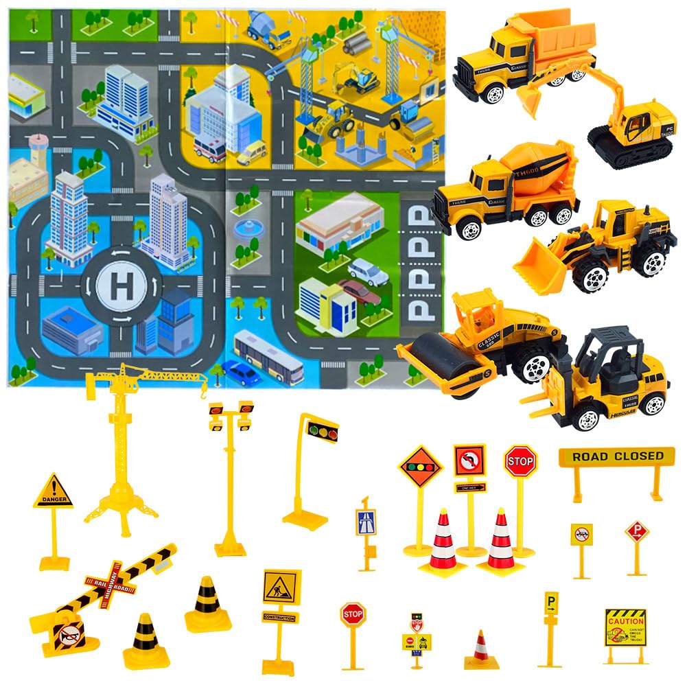 WFKKMEQ Construction Vehicles Set, Excavator Cake Decorations with 6 Construction Car, 22 Road and Map Excavator Car Pull Back Racing Cars Friction Power Vehicle Tractor Cake Topper