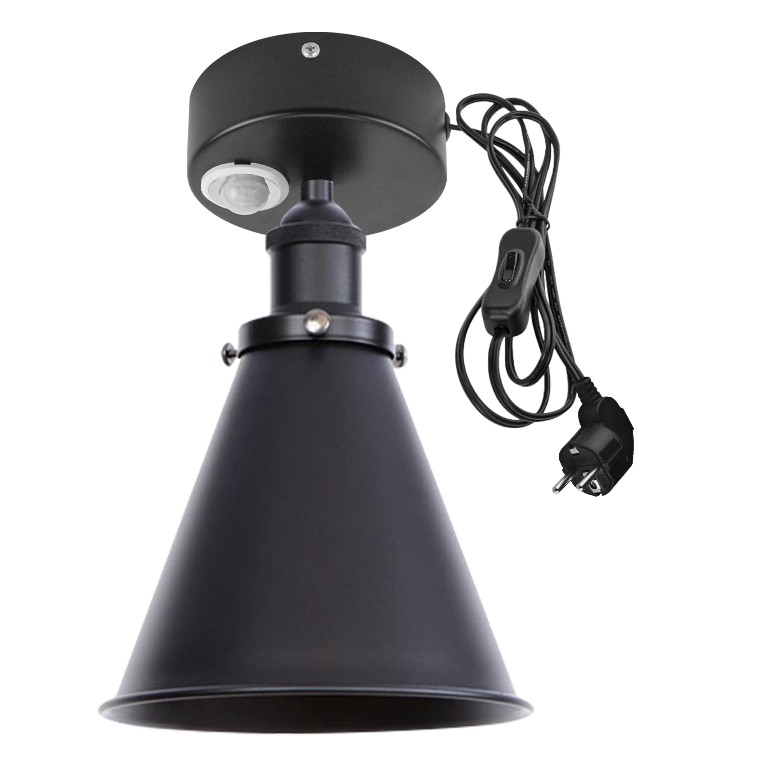 Plafoniera con sensore di movimento interno, in ferro industriale, con sensore di movimento radar con cavo da 4,5 m e portalampada E27, per corridoio, bagno, scale, garage, nero