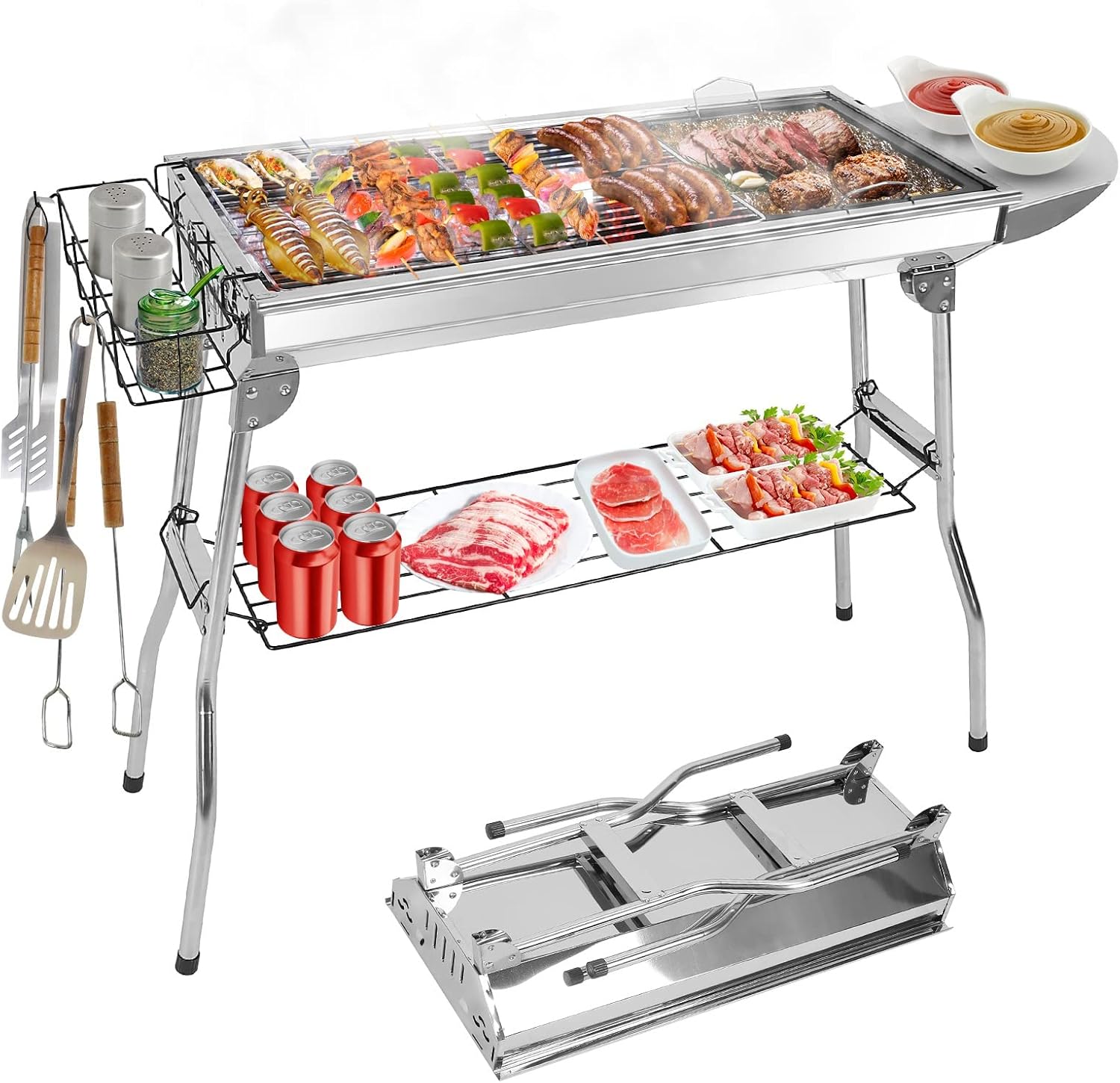 TeqHome Portable Folding Charcoal BBQ Grill, Large Stainless Steel Foldable Outdoor Cooking Kabob Barbecue Grill w/Storage Shelf, Camp Cooker for Camping Backyard Garden Picnic (39x13.4x27.6 inch) Large 13.4"D x 38.9"W x 27.6"H for 5-8 People