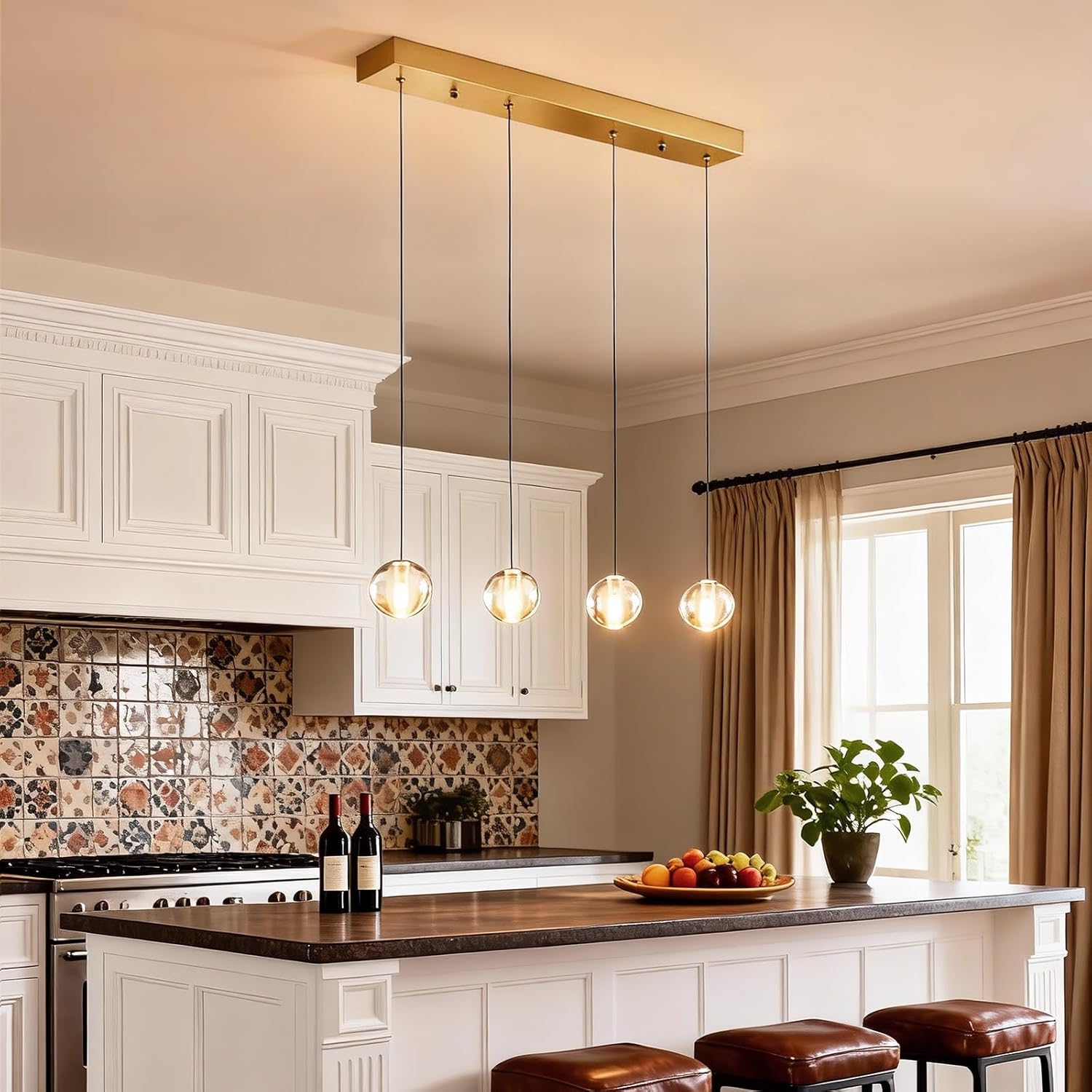 Brushed Gold 4 Lights Pendant Lights Kitchen Island Modern, Crystal Globe Hanging Dining Room Lights Over Table, Rectangular Chandeliers Over Sink for Living Room Hallway Bedroom