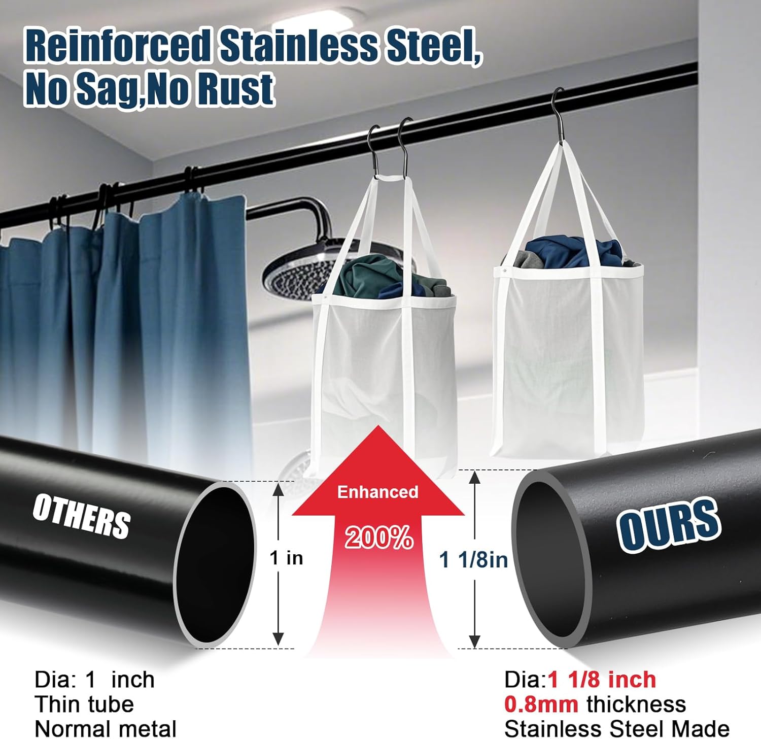 Heavy Duty Shower Curtain Rod - 42 to 100 inch Adjustable,3-in-1 Installation (No Drilling,Adhesive Or Screw In Mount),Non-Slip Rustproof Tension Rod for Window,Room Divider,Doorway,Patio,Black