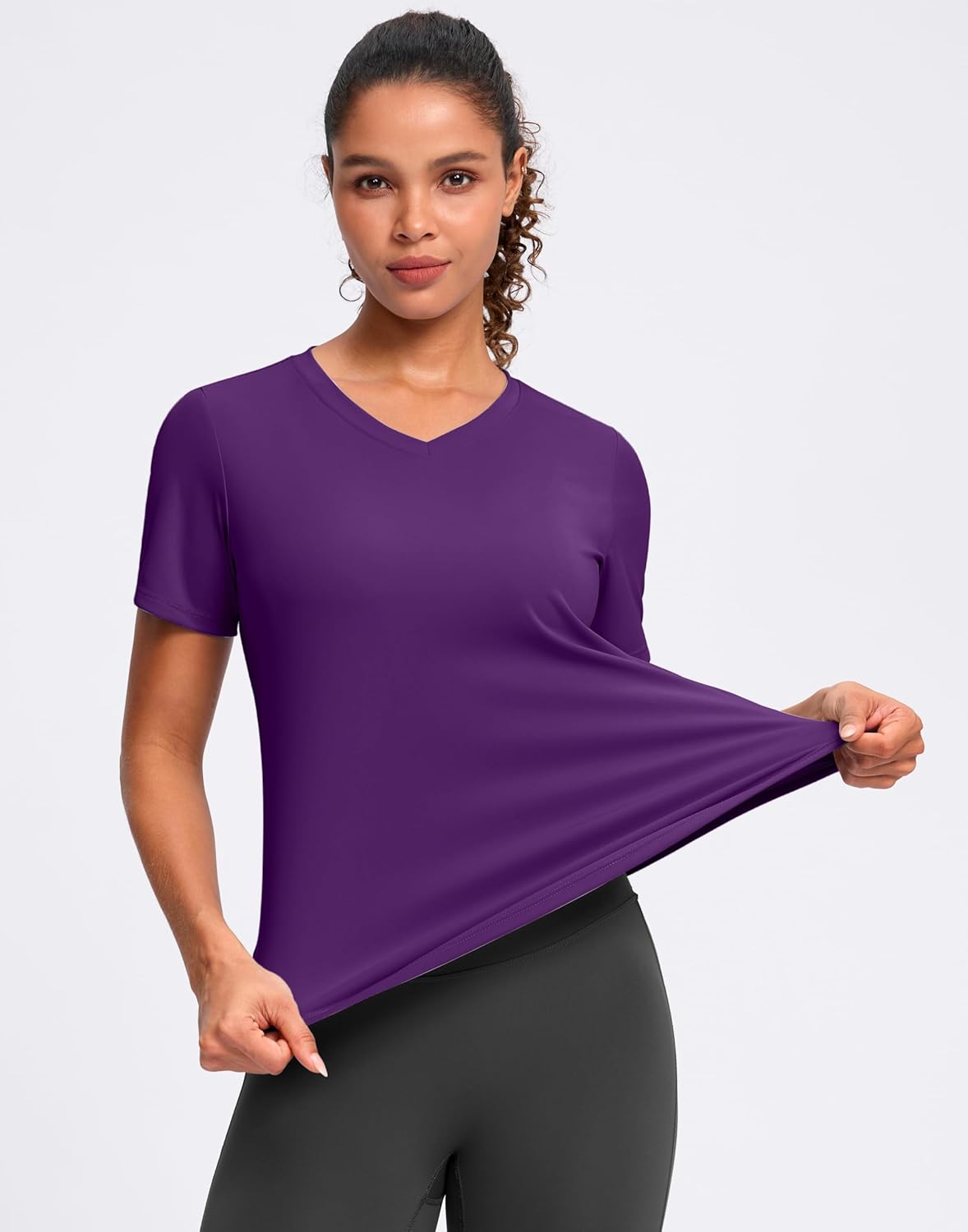 Womens Workout Tops V-Neck Short Sleeve UPF 50+ Sun Shirt Moisture Wicking Quick Dry Top for Gym, Running, Athletic - Image 3