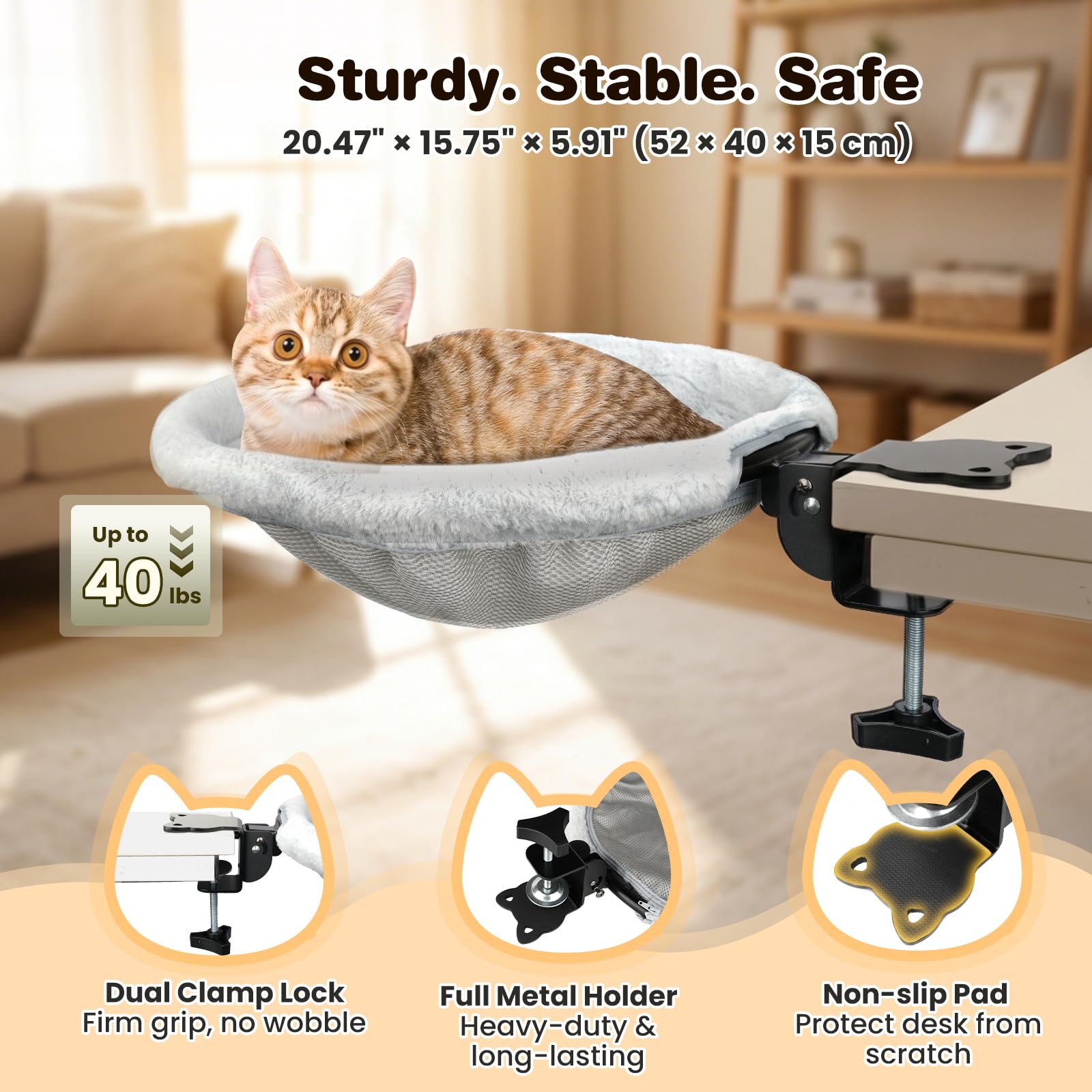 VavoPaw Cama-Escritorio para Gatos, Percha Metálica para Gatos Sin Necesidad De Taladrar, Hamaca Plegable con Clip Y Alfombrilla, Soporta hasta 18 Kg, Muebles para Gatos Que Ahorran Espacio, Gris