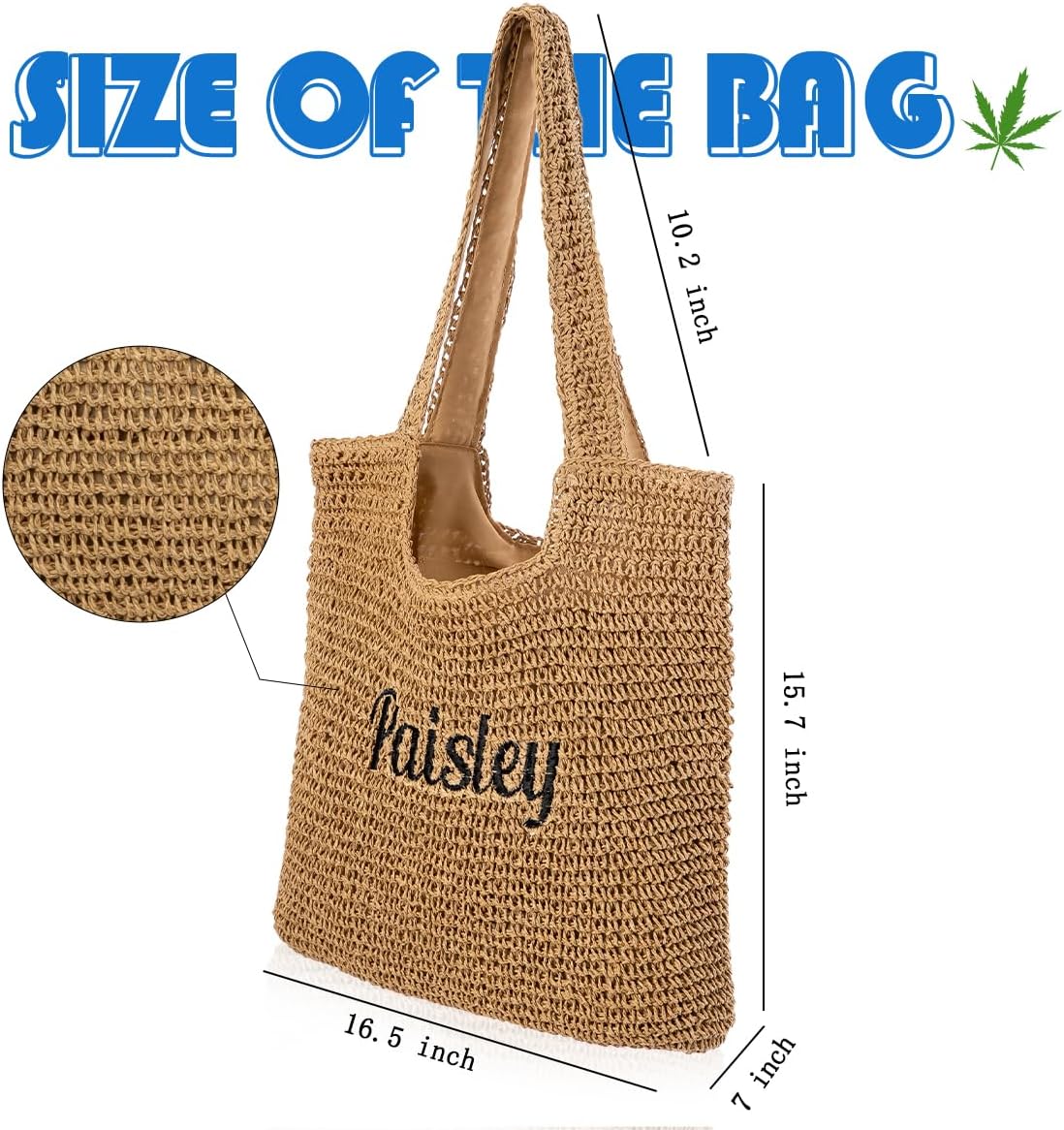 Ulico Personalized Straw Beach Bags for Women, Large Tote Bag with Embroidered Name， Lightweight Foldable Shoulder Bag