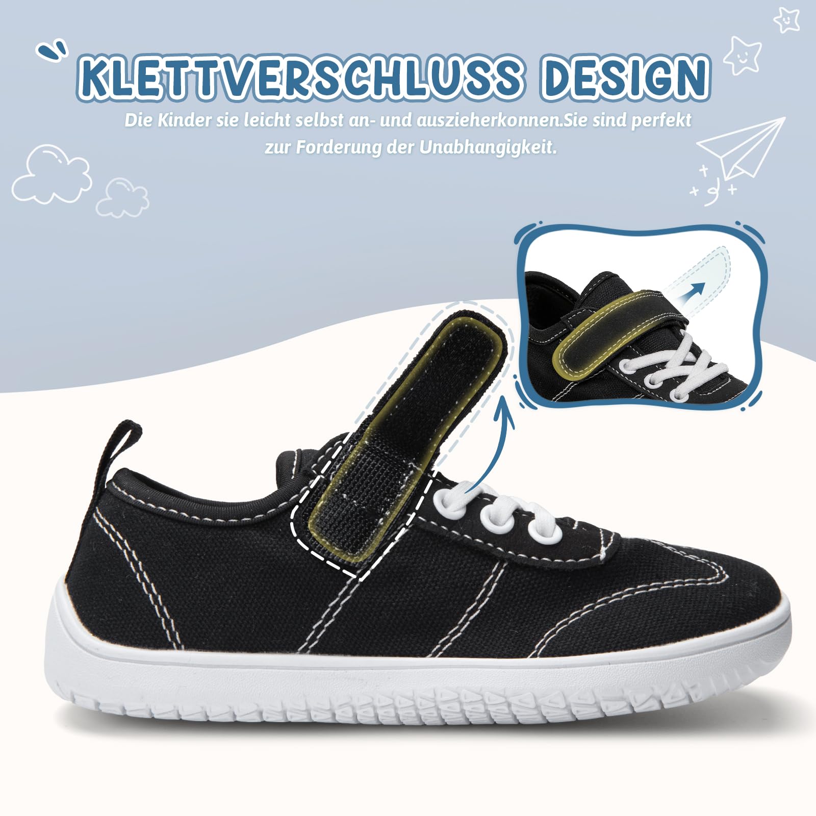 Kinder Barfußschuhe Breite Atmungsaktiv rutschfest für Jungen Mädchen Leicht Traillaufschuhe Freizeit mit Klettverschluss Minimalistische Sommer Sneaker Komfortable,Schwarz,Gr.25